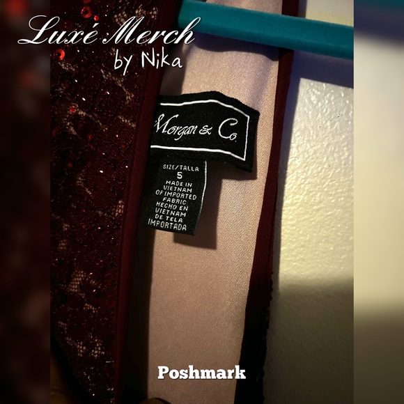 Morgan & Co Sequined Halter Maxi Formal Mermaid Dress - Color Merlot/Nude Size 5 - Picture 5 of 10